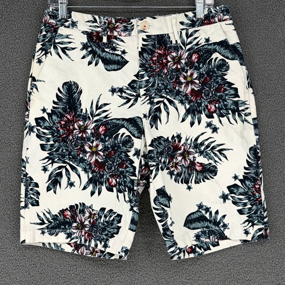 Tommy Hilfiger Mens 31 Tropical Floral Chino Shorts White Navy Stretch Cotton
